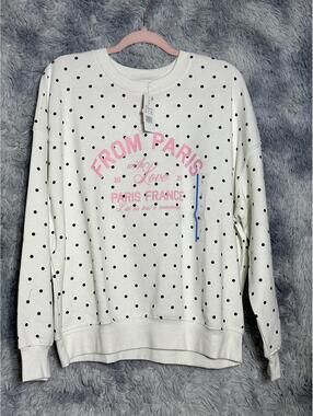 White Polka Dot Sweatshirt with Pink Paris Print, Size L
